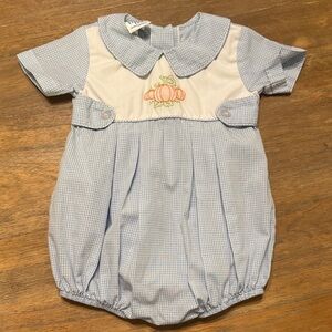 The Bailey Boys Blue and White Baby Romper with Pumpkin Embroidery